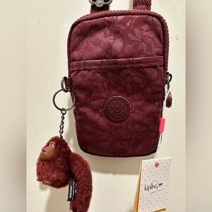 NWT Kipling Tally Crossbody Phone Bag in Burgundy w Monkey Charm Named Virginie